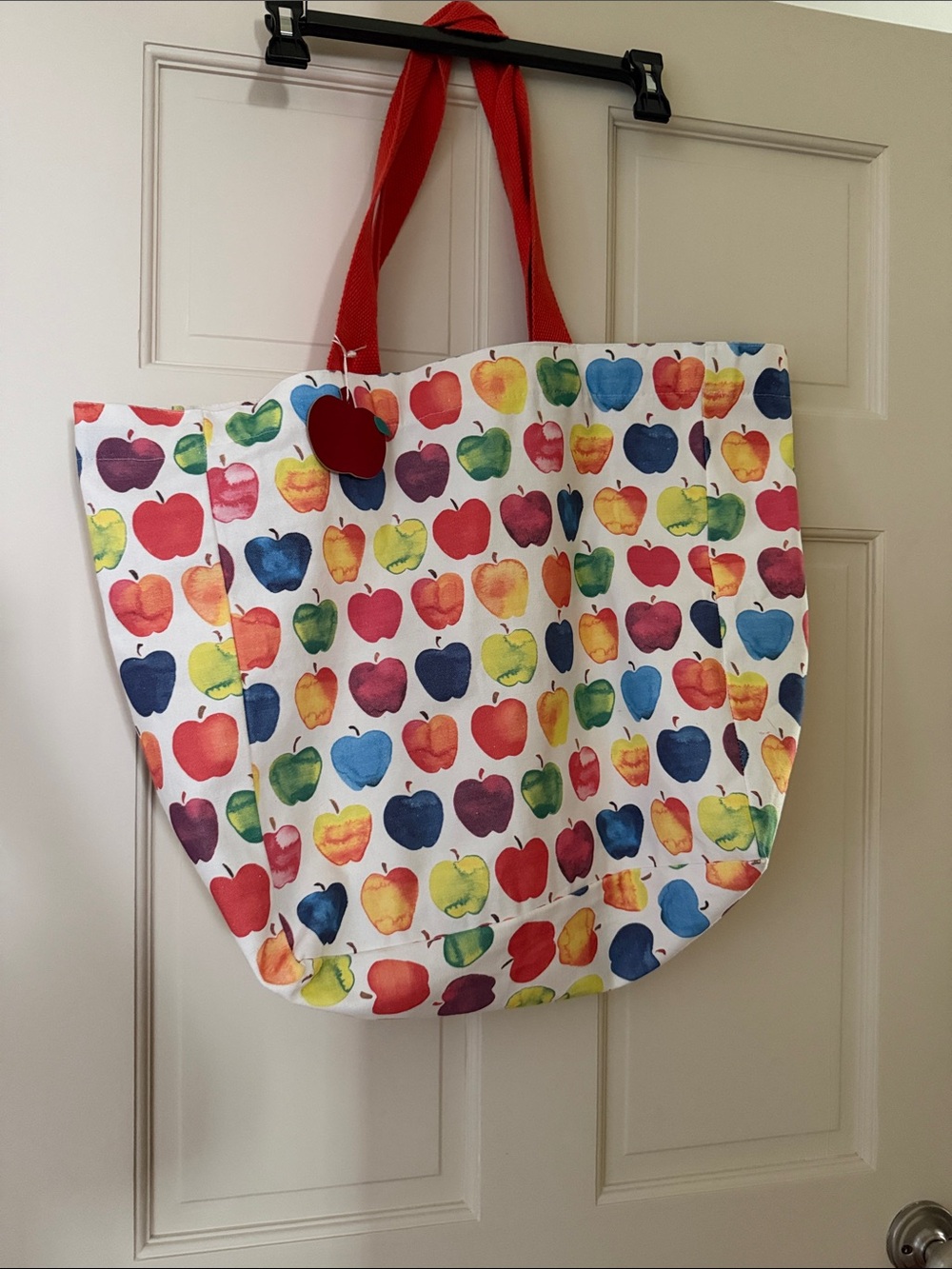Multicolor Apple Print Tote Bag with Red Handles